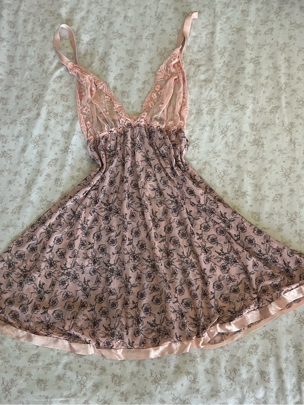 Lace-Trim Pink Floral Slip Dress Nightgown